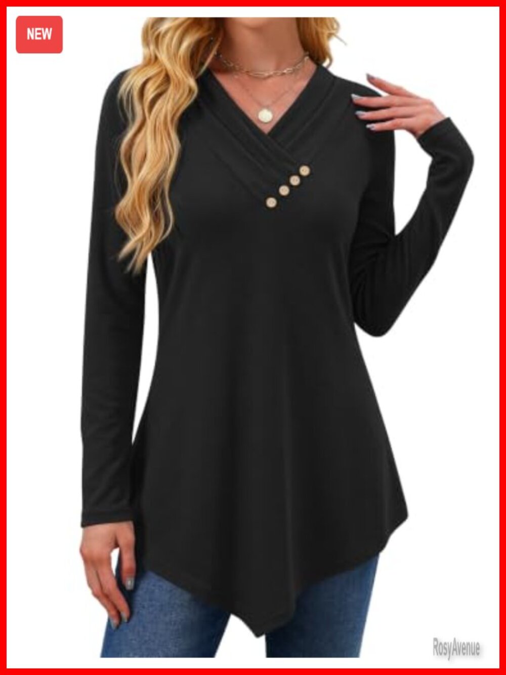 Womens Loose Fit Tunic Top V Neck Long Sleeve Asymmetric Hem Dressy